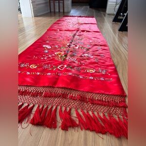 Antique Silk Embroidered Shawl, Hand-embroidered Andalusian Floral Red Scarf